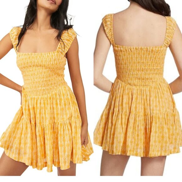 Free People - Sweet Annie Smocked Minidress Sleeveless | Large | Yellow - Picture 6 of 10